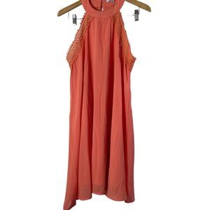 She + Sky Coral Halter Lace Overlay Neck Open Back Silk Mini Dress Size L